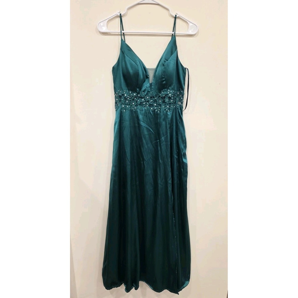City Triangles Y2K Emerald Satin Embellished Slip Dress Maxi Size 5 Romantic
